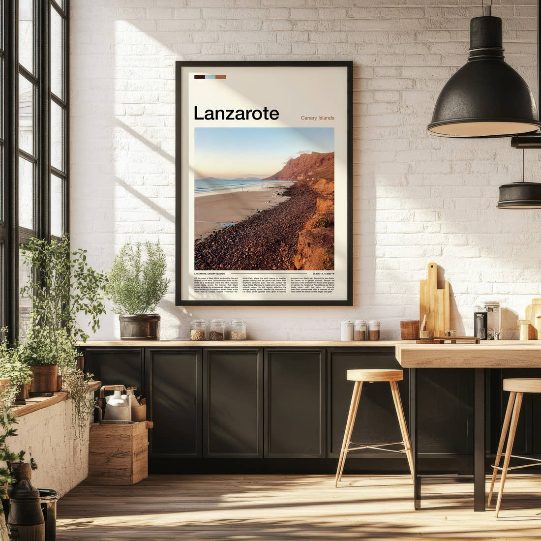 Lanzarote Volcanic Coastal Cliffs Travel Print framed on the wall of a bright kitchen and dining space