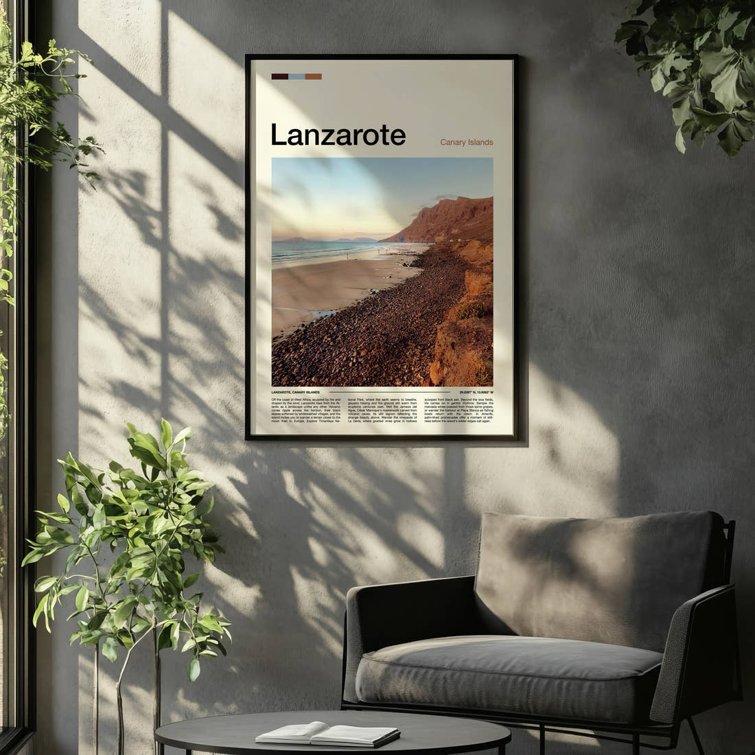Lanzarote Volcanic Coastal Cliffs Travel Print framed on the wall of a relaxed living room