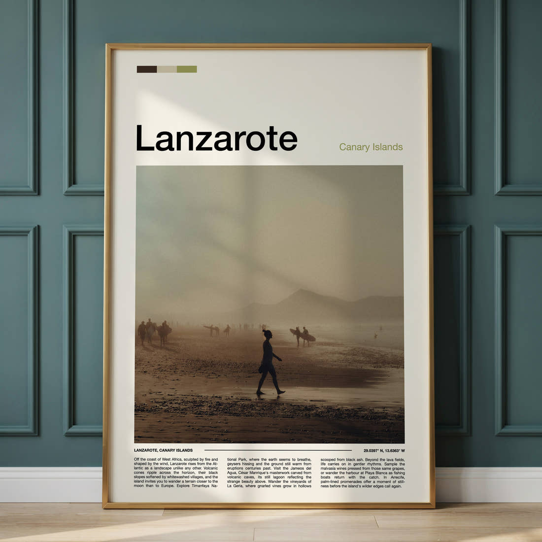 Lanzarote Hazy Coastal Walk Travel Print framed on the wall of a calm, neutral bedroom