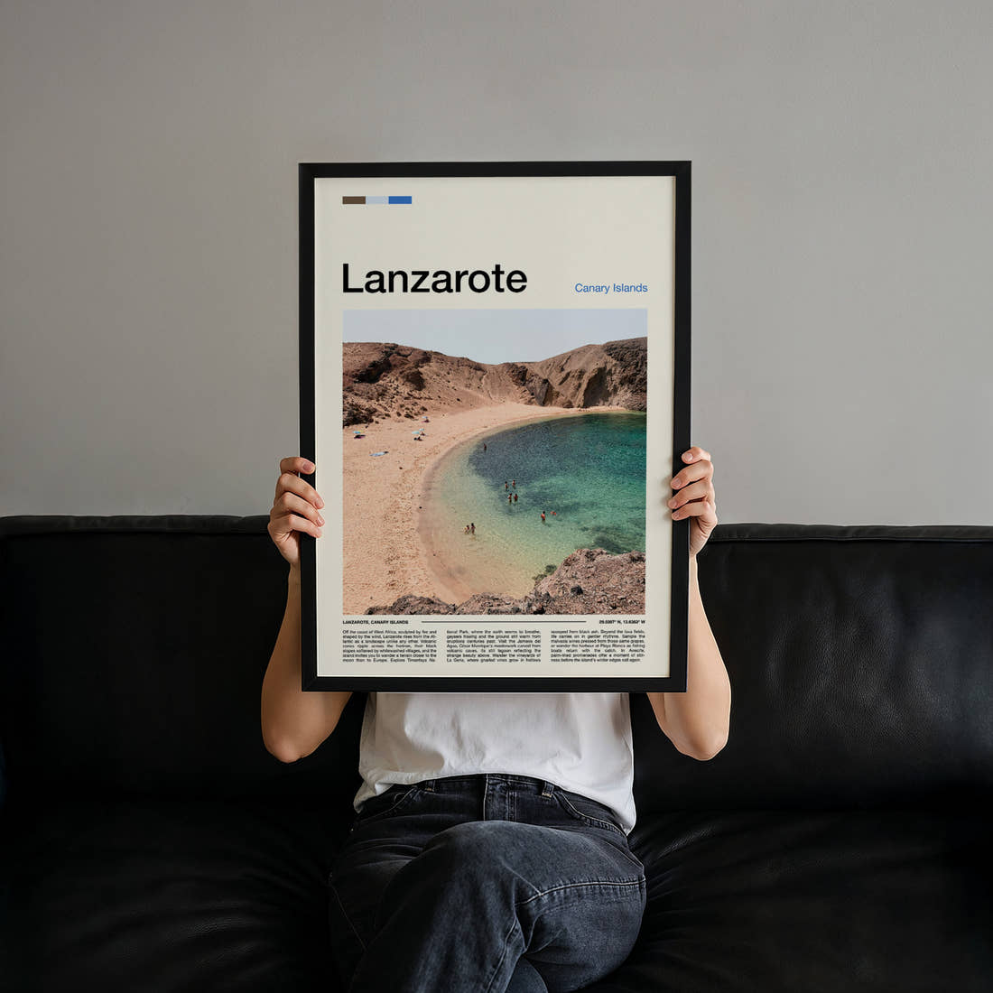 Lanzarote Volcanic Cove Beach Travel Print held up by hand to show the size of the print