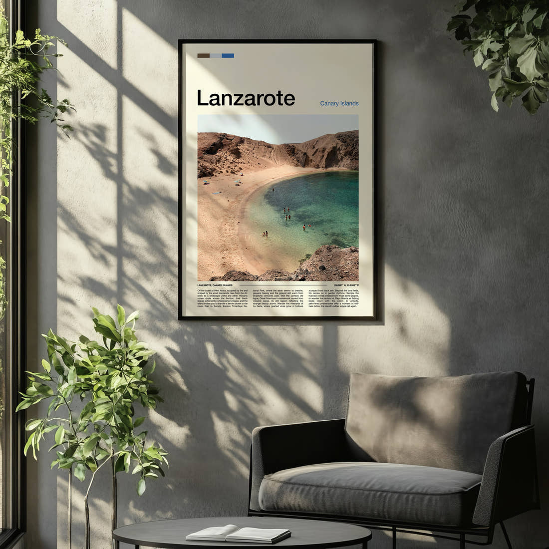 Lanzarote Volcanic Cove Beach Travel Print framed on the wall of a relaxed living room
