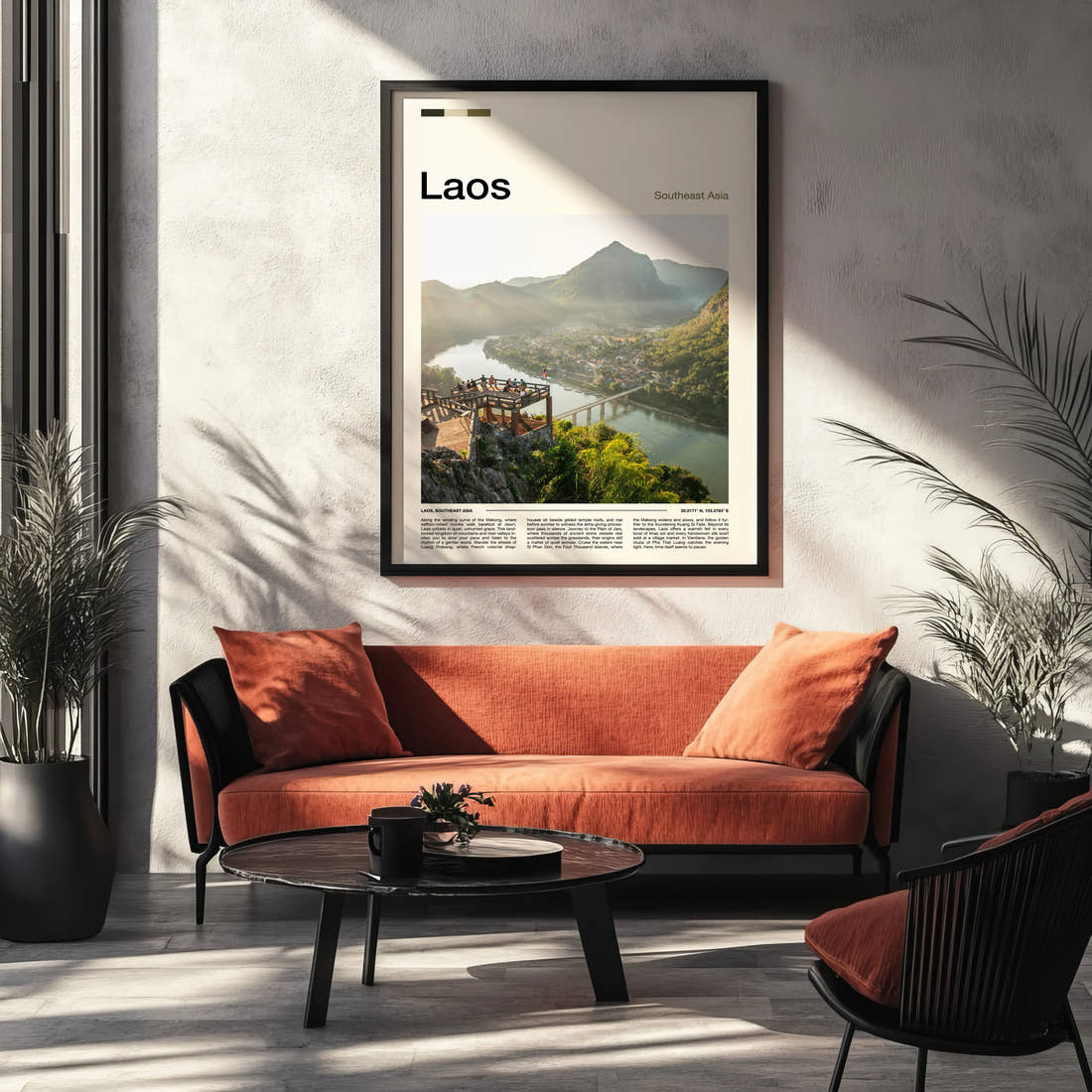 Laos River Valley Viewpoint Travel Print framed on the wall of a modern living room