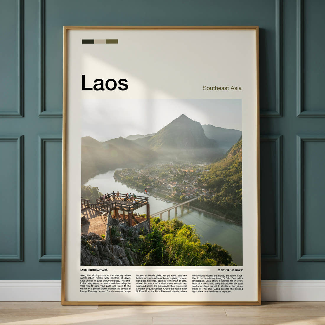 Laos River Valley Viewpoint Travel Print framed on the wall of a calm, neutral bedroom