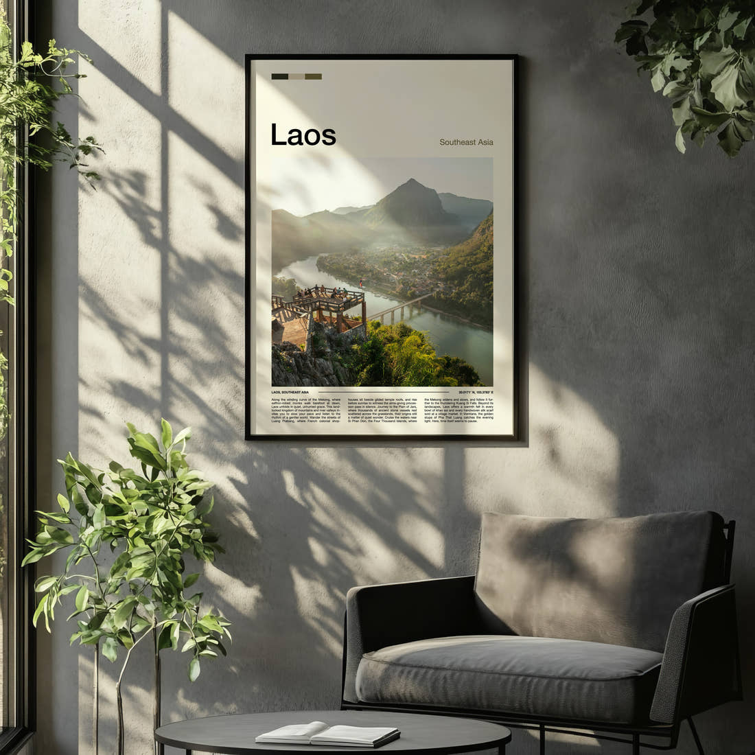 Laos River Valley Viewpoint Travel Print framed on the wall of a relaxed living room