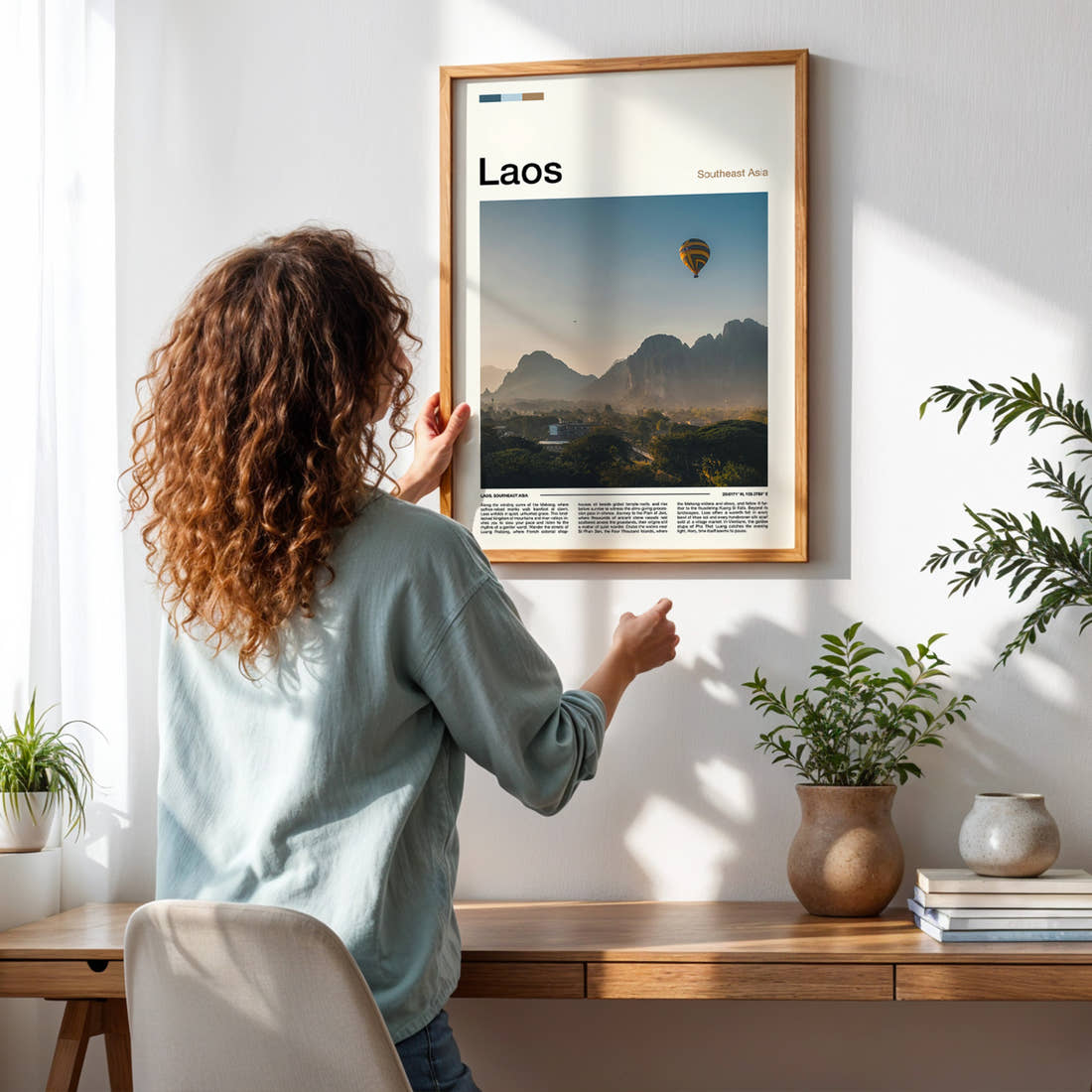 Laos Hot Air Balloon At Dawn Travel Print framed on a pale wall beside houseplants