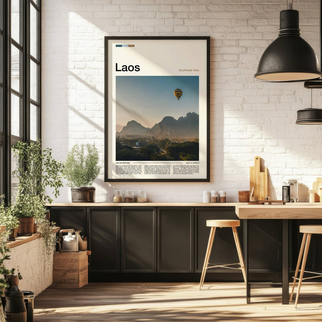 Laos Hot Air Balloon At Dawn Travel Print framed on the wall of a bright kitchen and dining space