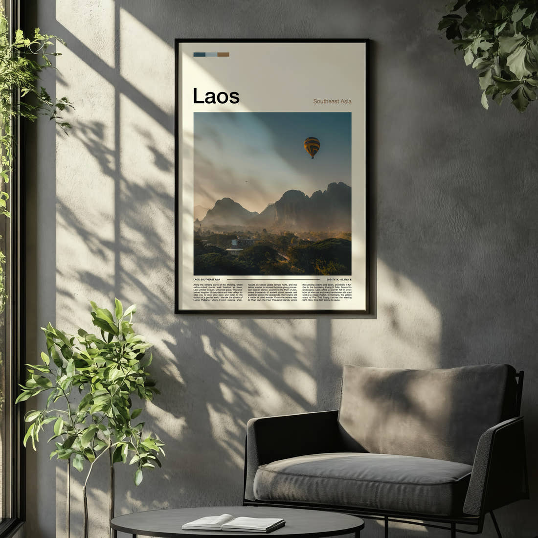 Laos Hot Air Balloon At Dawn Travel Print framed on the wall of a relaxed living room