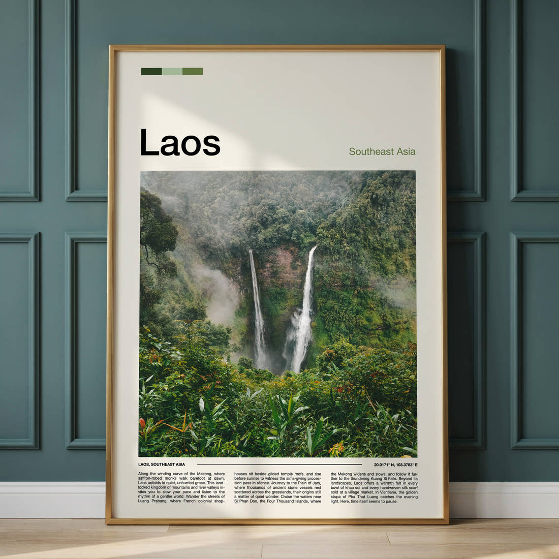 Laos Twin Jungle Waterfalls Travel Print framed on the wall of a calm, neutral bedroom