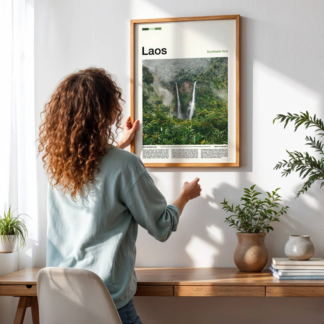 Laos Twin Jungle Waterfalls Travel Print framed on a pale wall beside houseplants