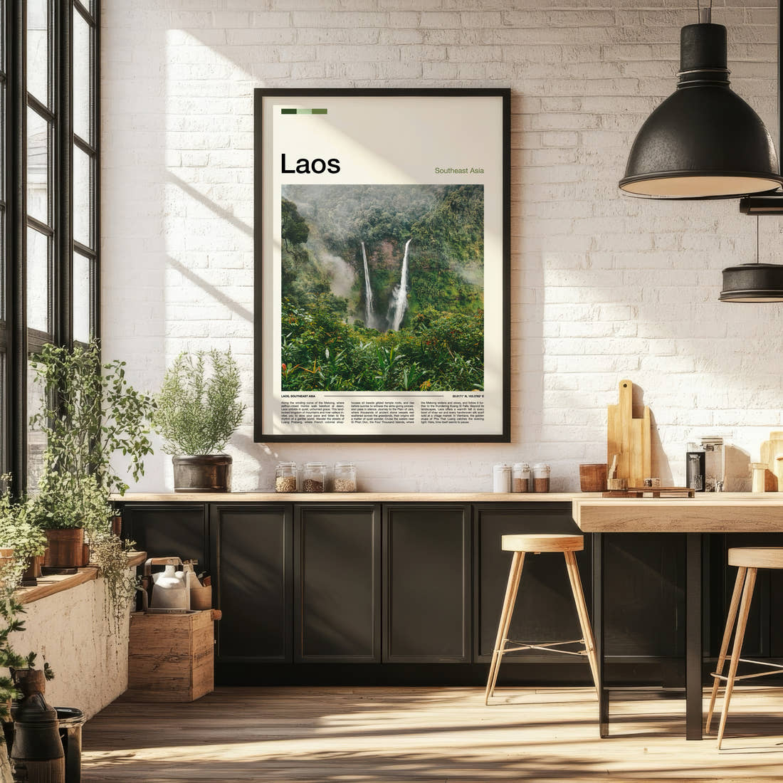 Laos Twin Jungle Waterfalls Travel Print framed on the wall of a bright kitchen and dining space