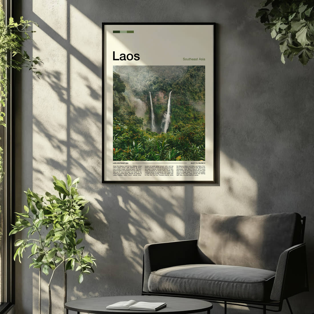 Laos Twin Jungle Waterfalls Travel Print framed on the wall of a relaxed living room
