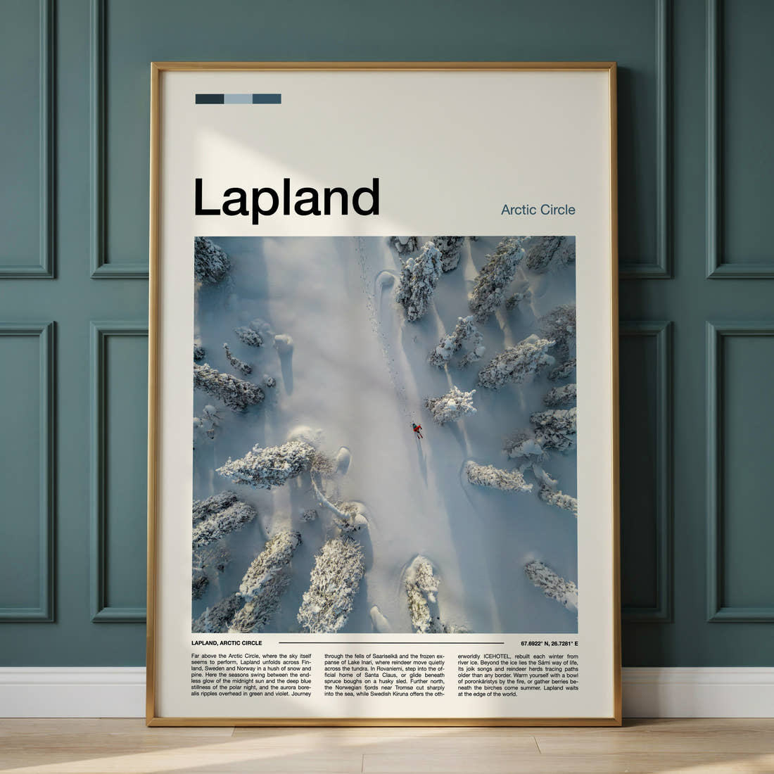 Lapland Aerial Snow Forest Travel Print framed on the wall of a calm, neutral bedroom