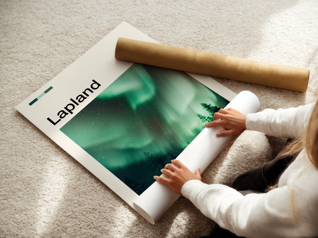 Lapland Aurora Borealis Sky Travel Print being unrolled from its postal tube