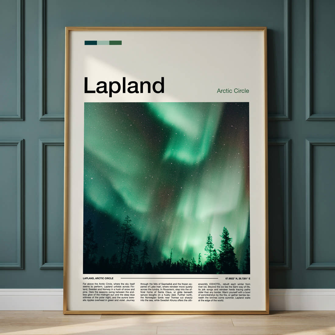 Lapland Aurora Borealis Sky Travel Print framed on the wall of a calm, neutral bedroom
