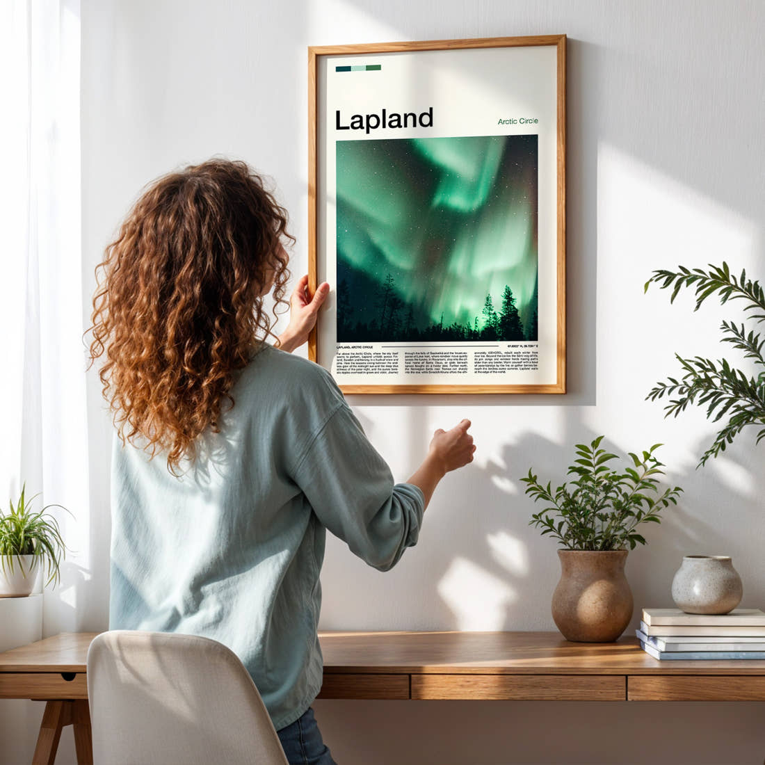 Lapland Aurora Borealis Sky Travel Print framed on a pale wall beside houseplants