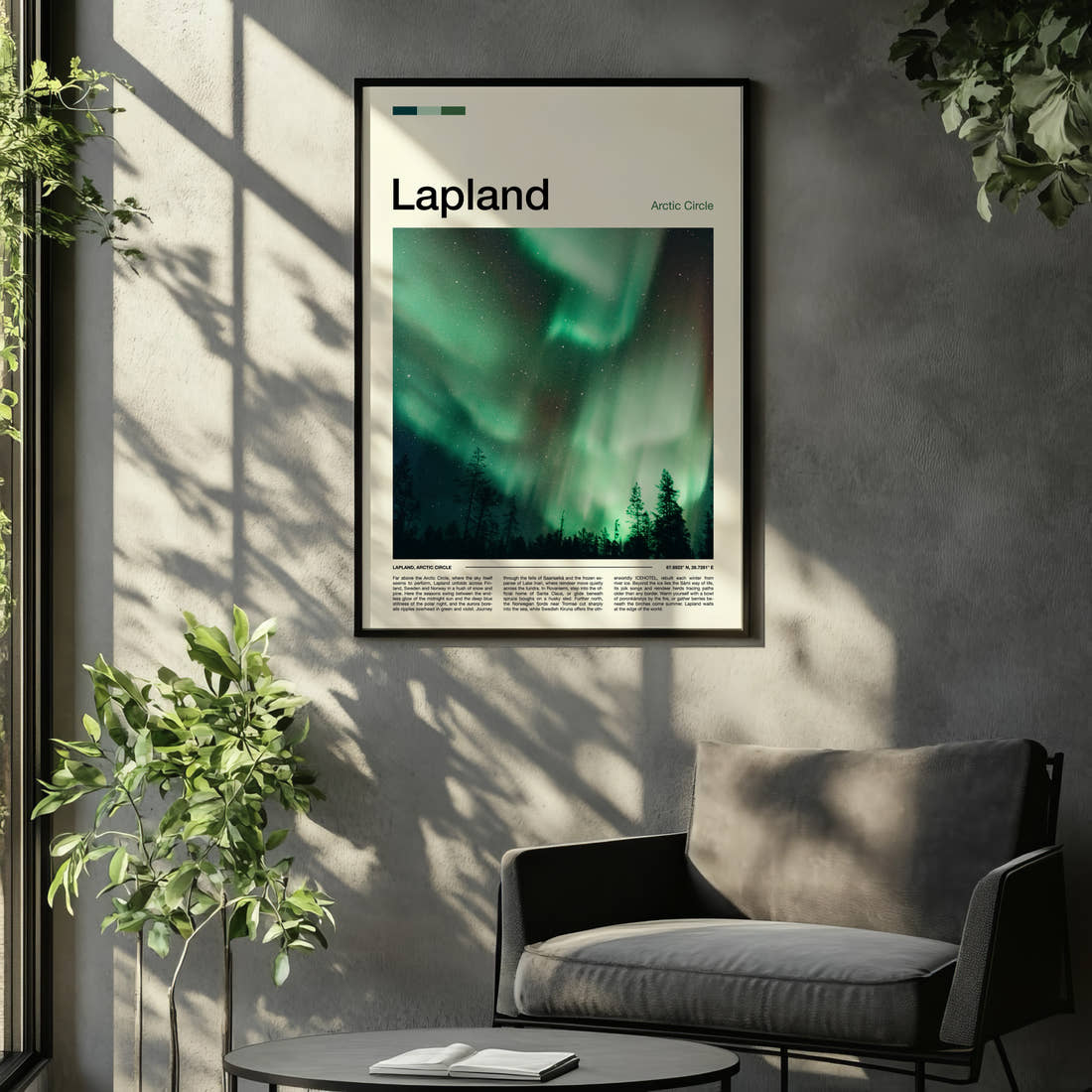 Lapland Aurora Borealis Sky Travel Print framed on the wall of a relaxed living room