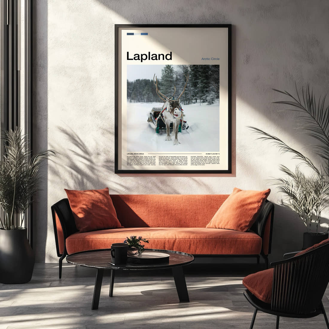 Lapland Reindeer And Sleigh Travel Print framed on the wall of a modern living room