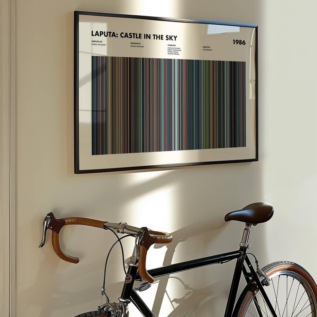 Laputa: Castle in the Sky Movie Barcode Poster framed on the wall of a styled room setting
