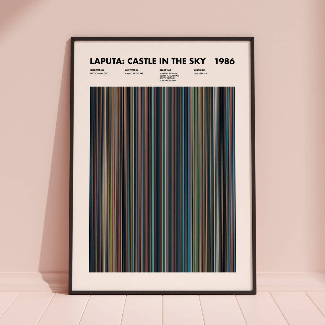 Laputa: Castle in the Sky Movie Barcode Poster framed and leaning against a coloured wall