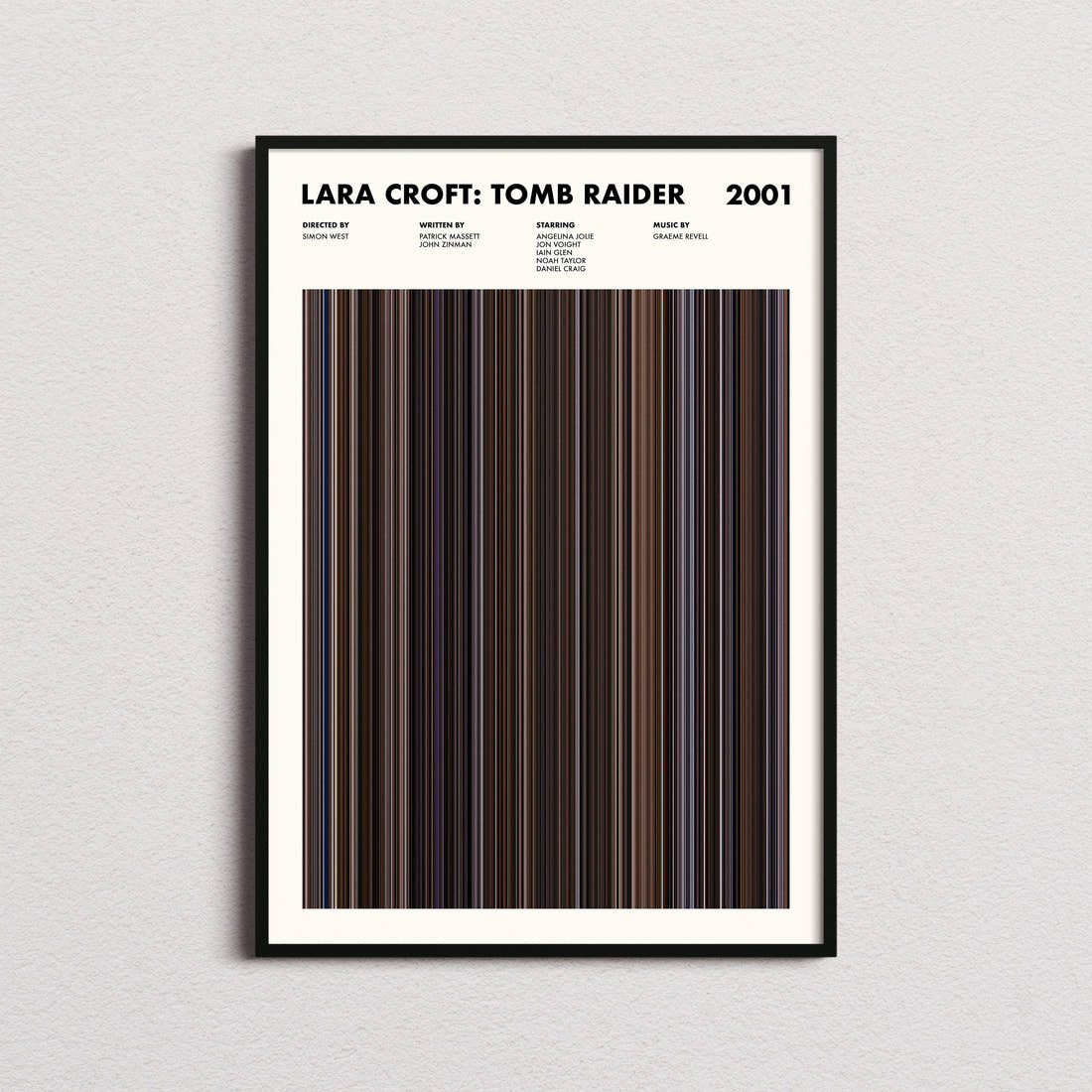 Lara Croft: Tomb Raider Movie Barcode Poster framed on a plain studio wall