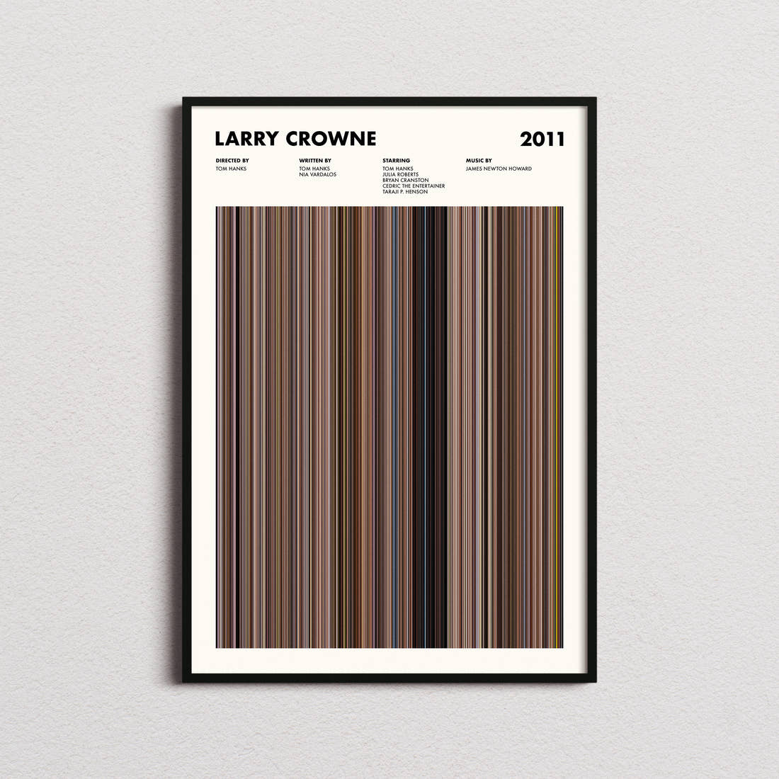 Larry Crowne Movie Barcode Poster framed on a plain studio wall