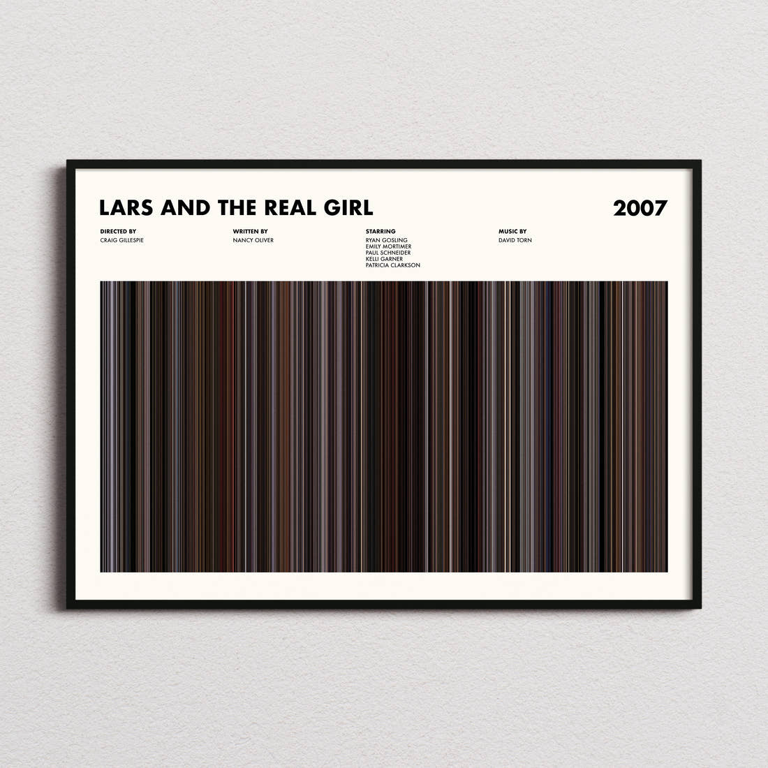 Lars and the Real Girl Movie Barcode Poster framed and photographed straight on
