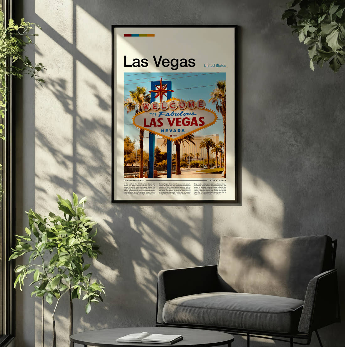 Las Vegas Welcome Sign Travel Print framed on the wall of a relaxed living room
