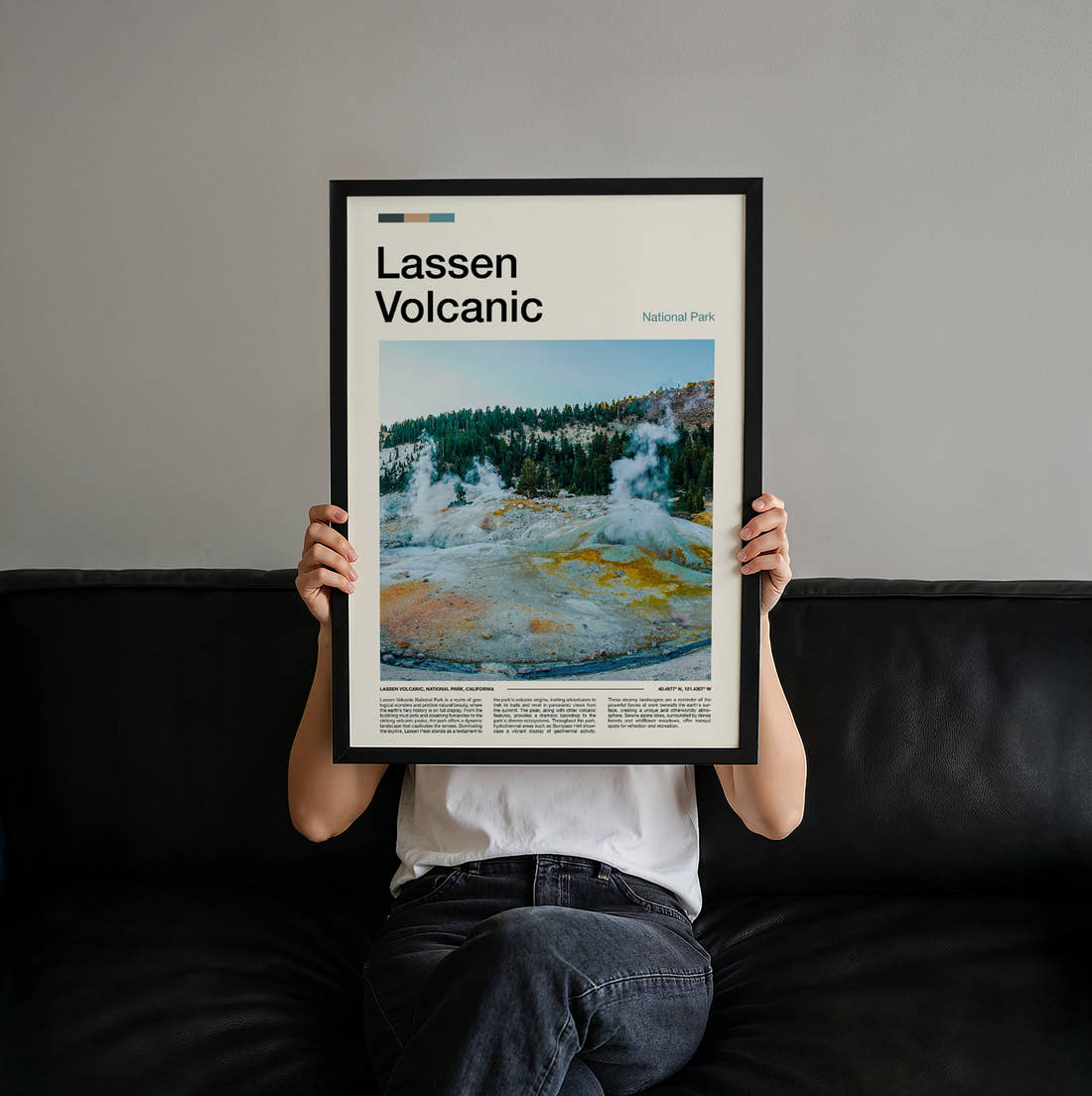 Lassen Volcanic Steaming Sulphur Vents Travel Print held up by hand to show the size of the print