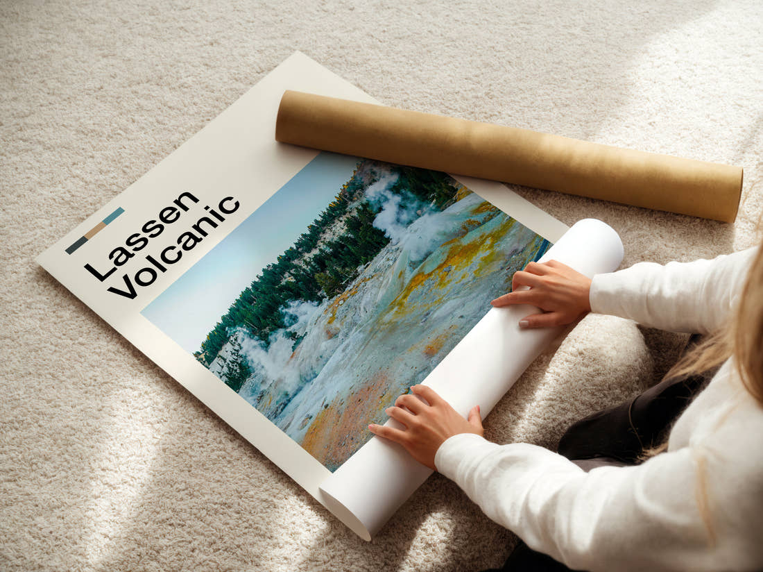 Lassen Volcanic Steaming Sulphur Vents Travel Print being unrolled from its postal tube