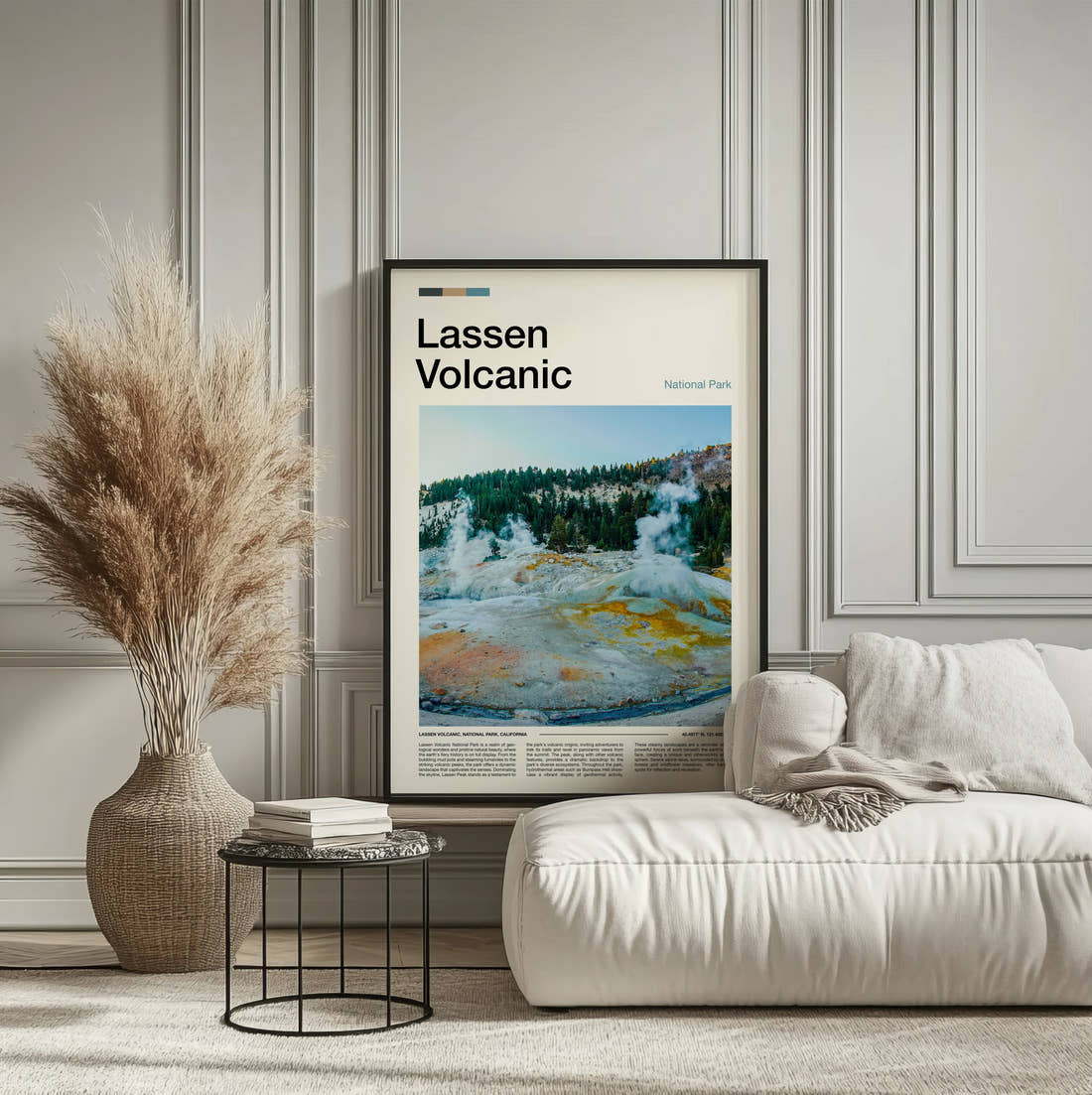 Lassen Volcanic Steaming Sulphur Vents Travel Print framed on the wall of a calm, neutral bedroom