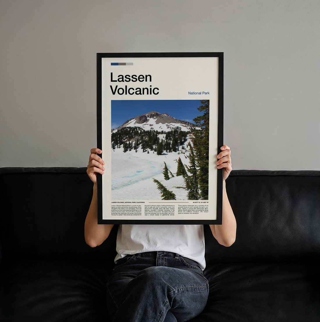Lassen Volcanic Snowy Peak And Pines Travel Print held up by hand to show the size of the print