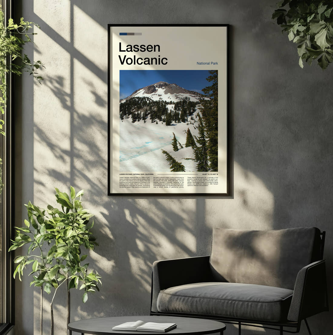 Lassen Volcanic Snowy Peak And Pines Travel Print framed on the wall of a relaxed living room