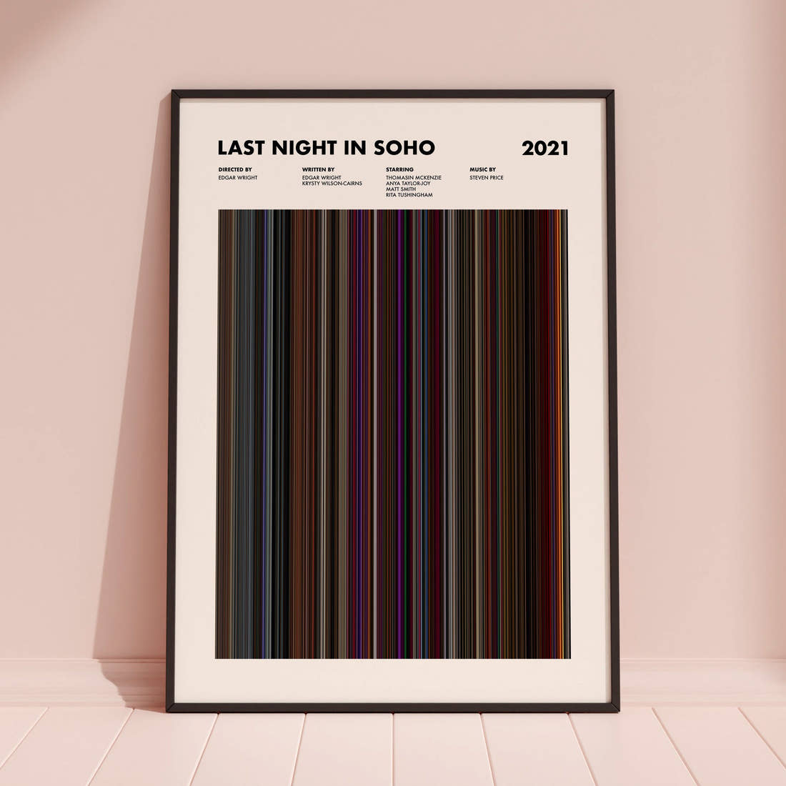 Last Night In Soho Movie Barcode Poster framed and leaning against a coloured wall