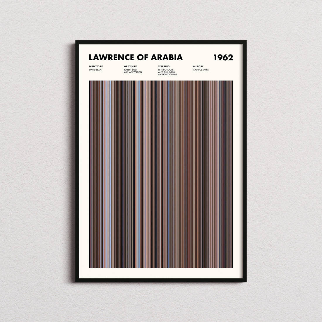 Lawrence of Arabia Movie Barcode Poster framed on a plain studio wall