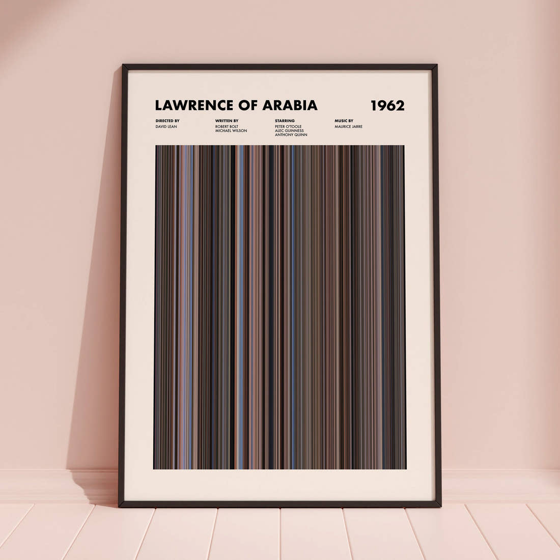 Lawrence of Arabia Movie Barcode Poster framed and leaning against a coloured wall