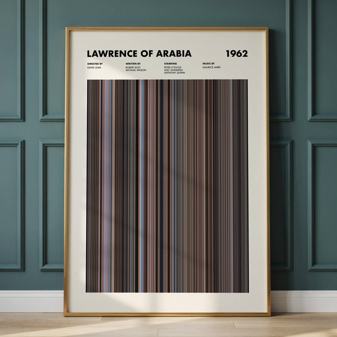 Lawrence of Arabia Movie Barcode Poster framed and leaning against a panelled wall