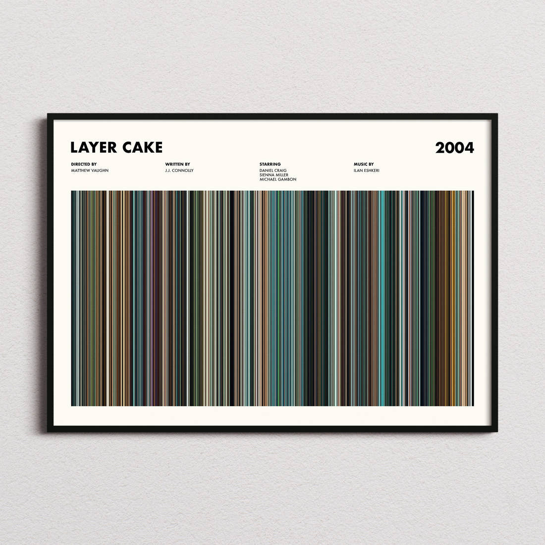 Layer Cake Movie Barcode Poster framed and photographed straight on