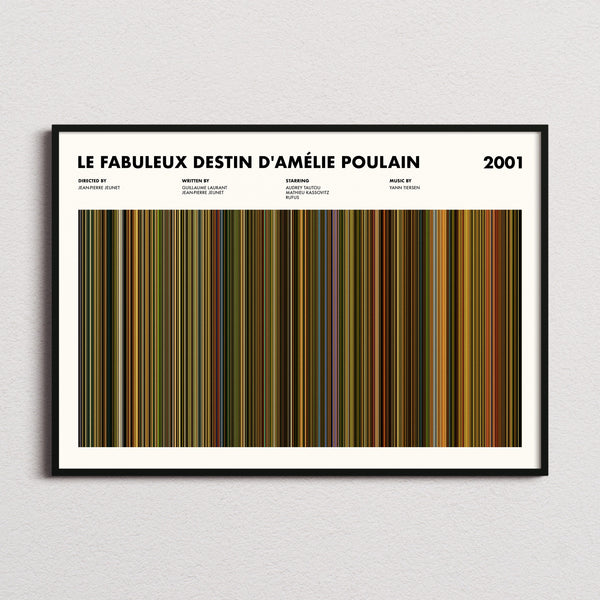 Le Fabuleux Destin d'Amelie Poulain Movie Barcode Poster framed and photographed straight on