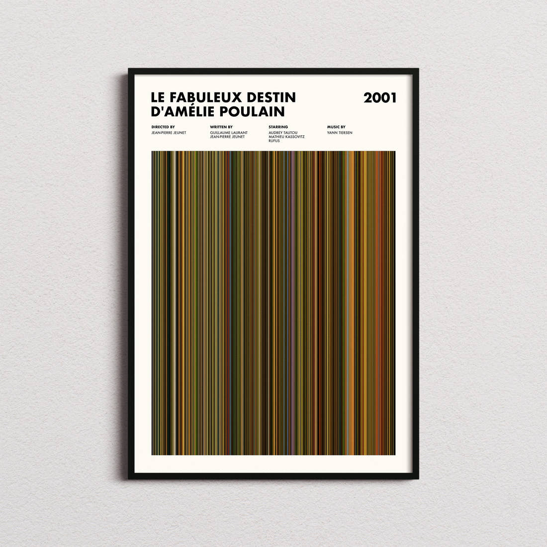 Le Fabuleux Destin d'Amelie Poulain Movie Barcode Poster framed on a plain studio wall