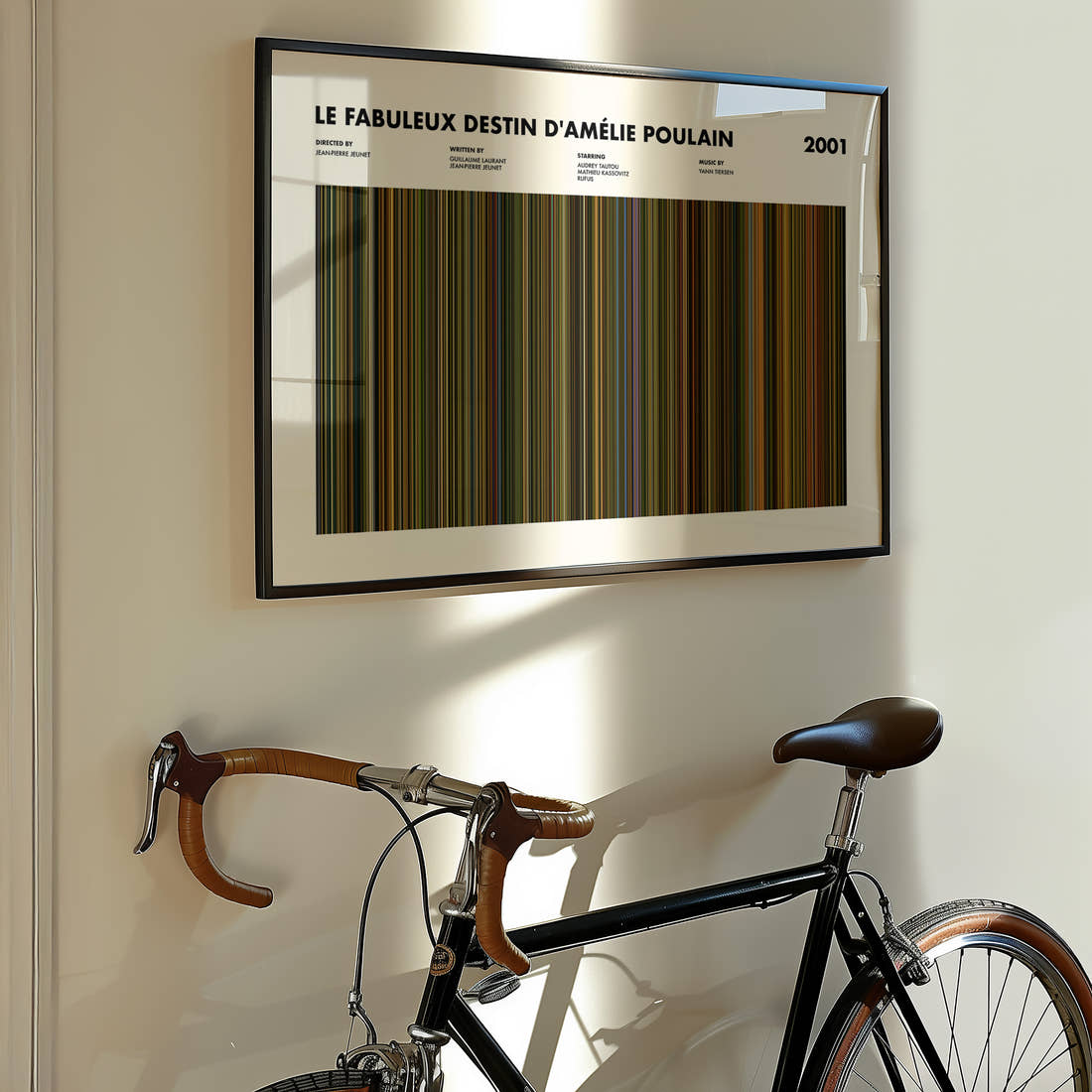 Le Fabuleux Destin d'Amelie Poulain Movie Barcode Poster framed on the wall of a styled room setting