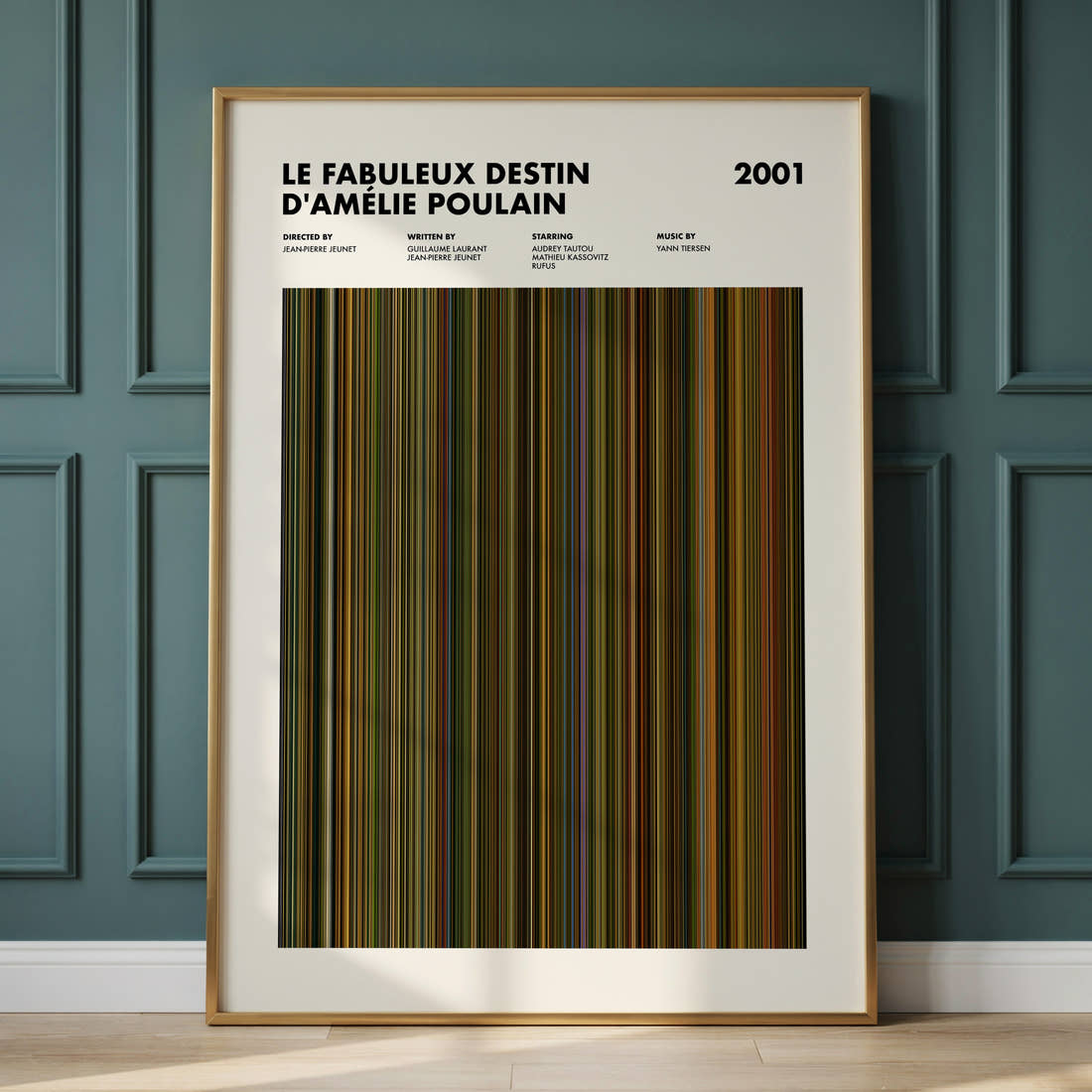 Le Fabuleux Destin d'Amelie Poulain Movie Barcode Poster framed and leaning against a panelled wall