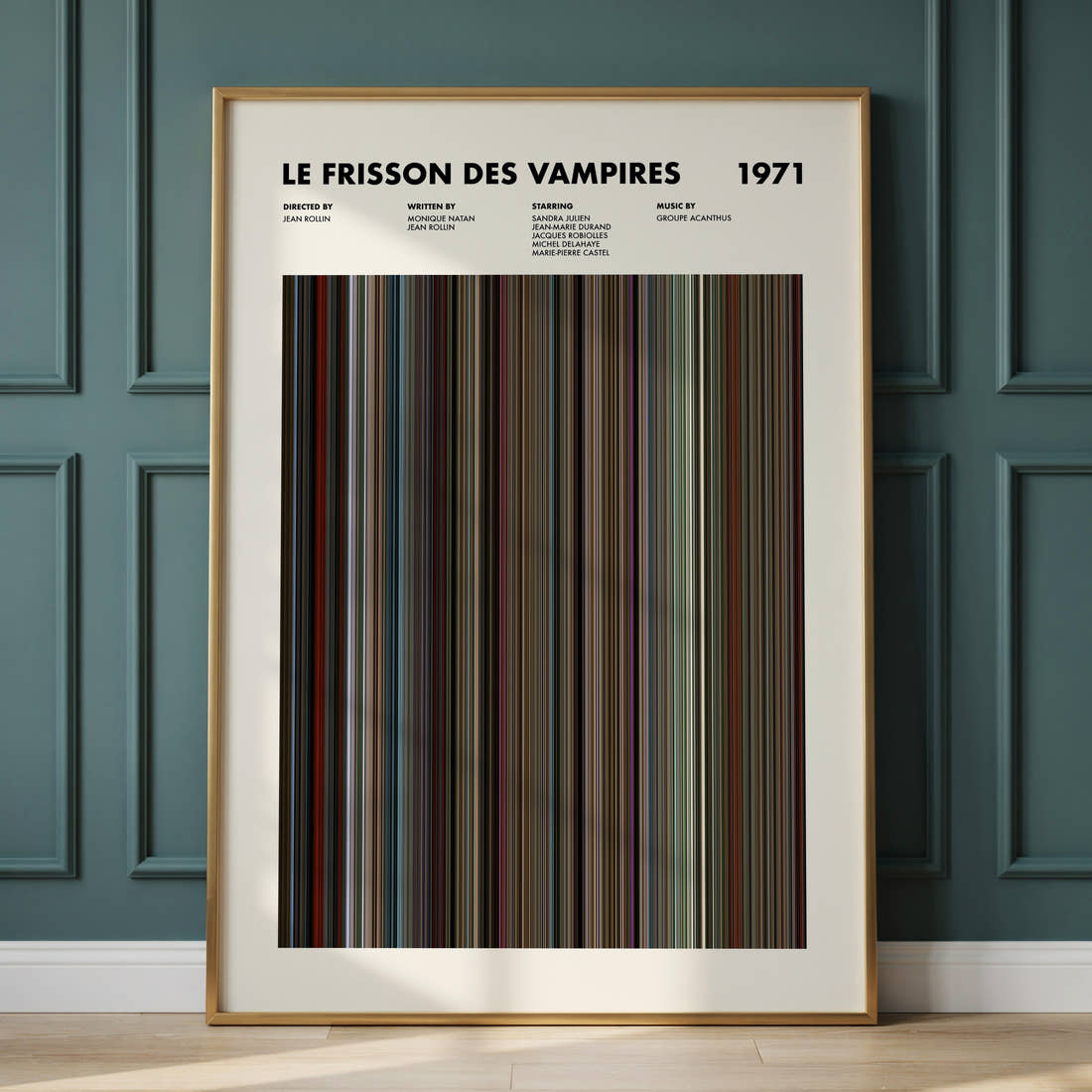 Le Frisson Des Vampires Movie Barcode Poster framed and leaning against a panelled wall
