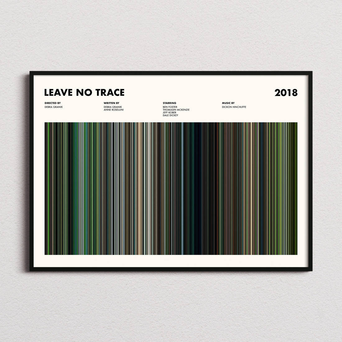 Leave No Trace Movie Barcode Poster framed and photographed straight on