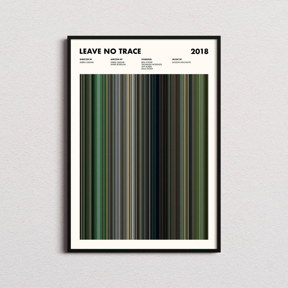 Leave No Trace Movie Barcode Poster framed on a plain studio wall