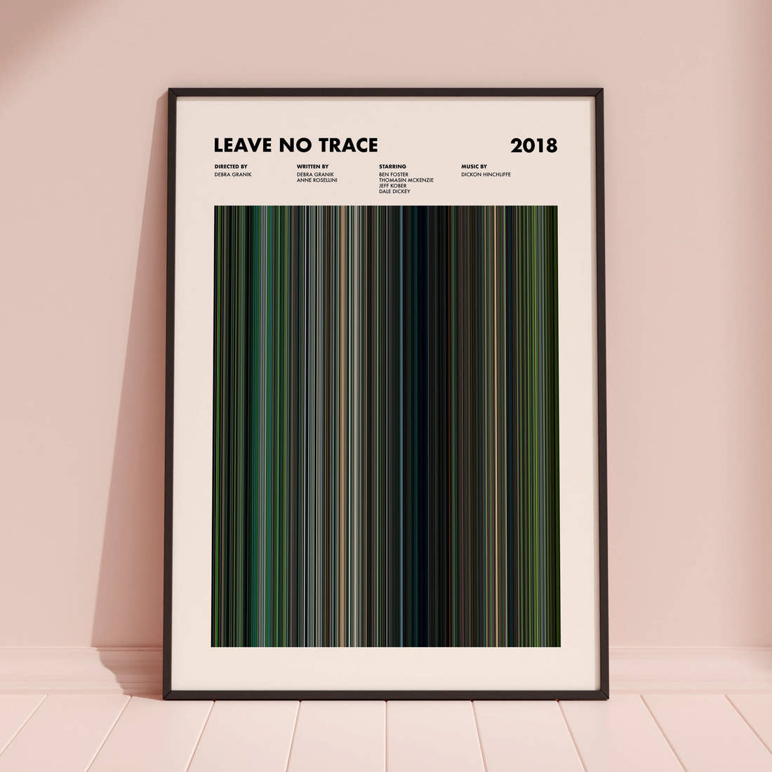 Leave No Trace Movie Barcode Poster framed and leaning against a coloured wall