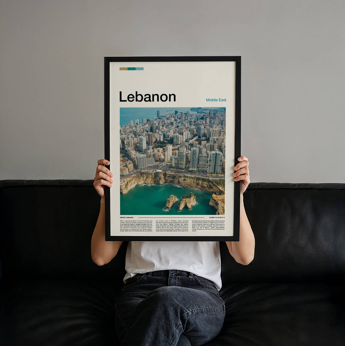Lebanon Coastline From Above Travel Print held up by hand to show the size of the print