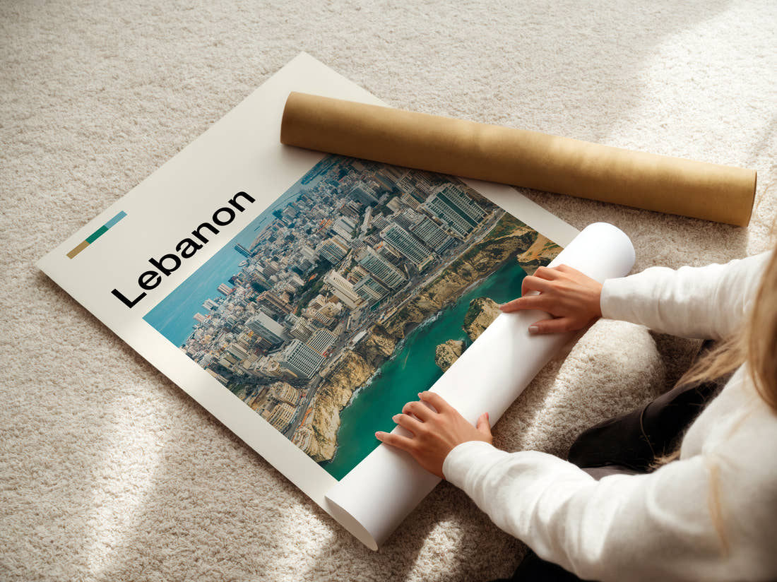 Lebanon Coastline From Above Travel Print being unrolled from its postal tube