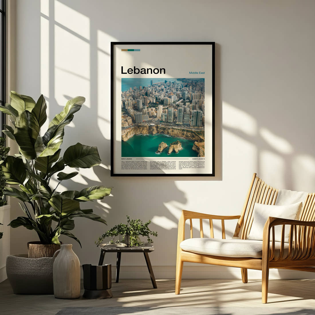 Lebanon Coastline From Above Travel Print framed on a pale wall beside houseplants