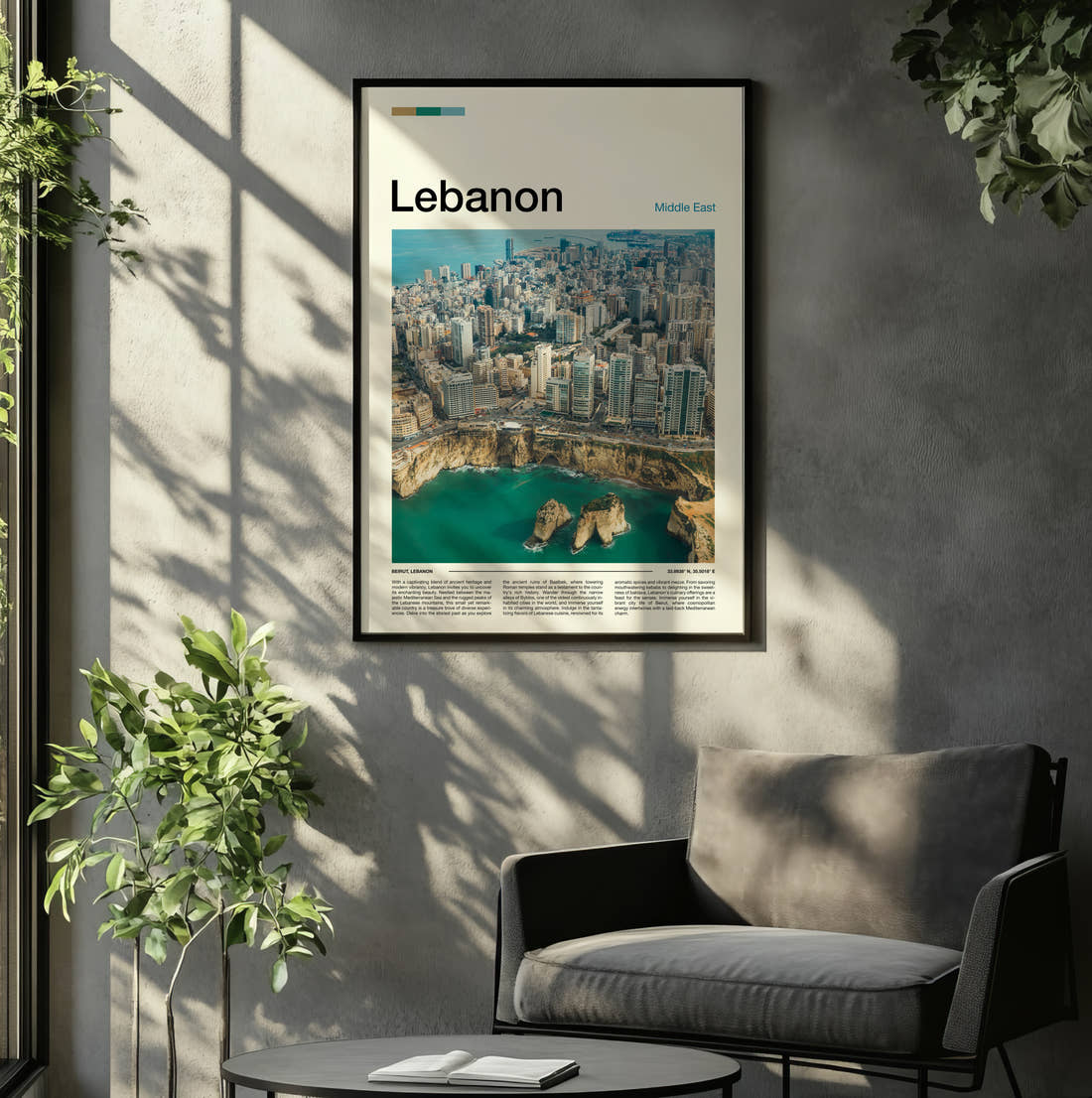 Lebanon Coastline From Above Travel Print framed on the wall of a relaxed living room