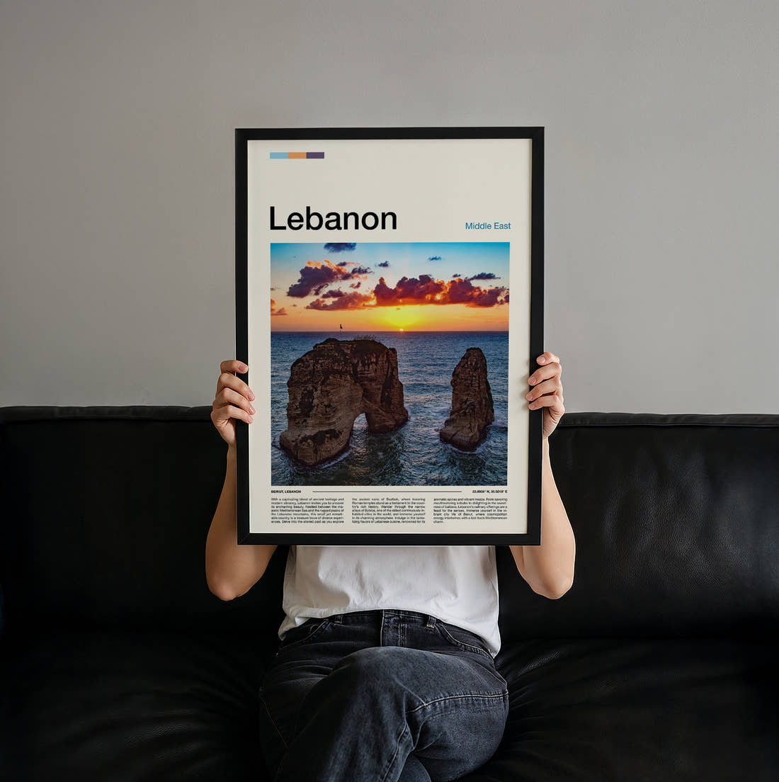 Lebanon Pigeon Rocks Travel Print held up by hand to show the size of the print